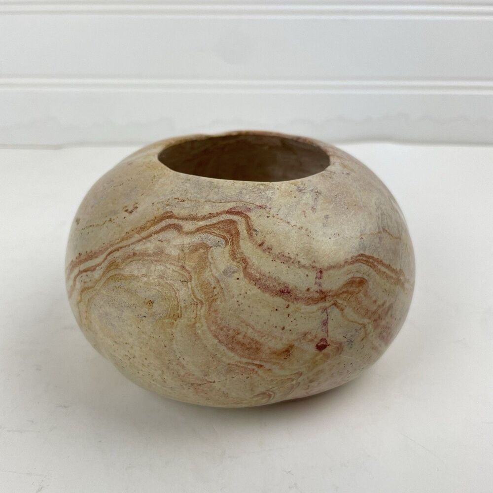 Carved Stone Marble Onyx Bowl Tealight Candle Holder Round Gourd Pink Beige